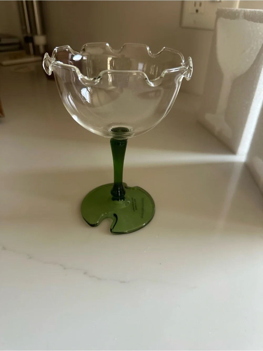 Clear Ruffled Dessert Glass with Green Stem - Set of 4